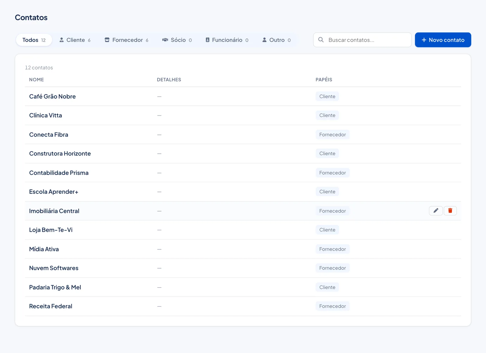 Cadastro de contatos do Numin com clientes e fornecedores